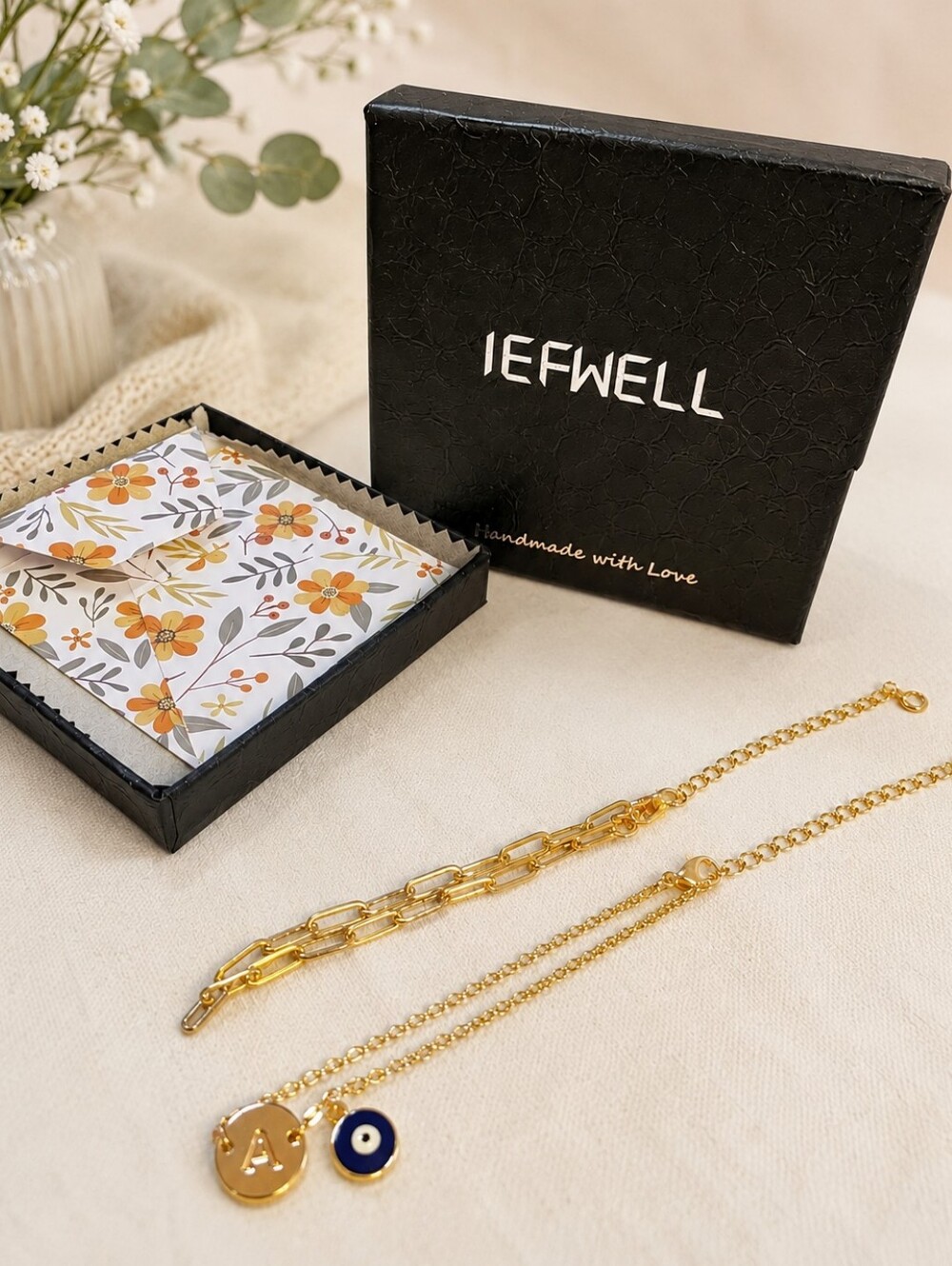 NEW IEFWELL 14K Gold Plated Initial A Evil Eye Paperclip Chain Bracelets Sz 5.5"
